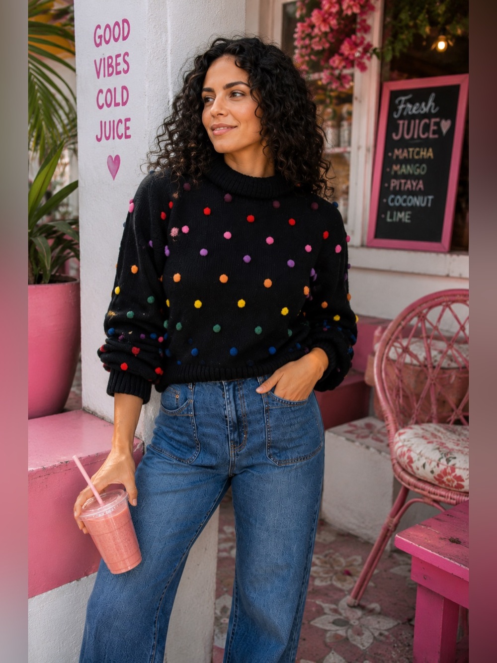 Farm Rio High Neck Rainbow Dots Pullover Sweater